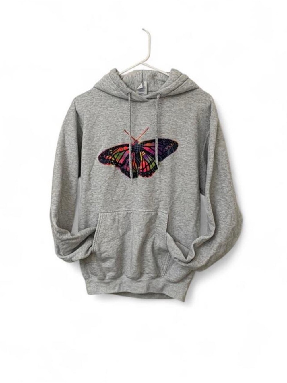 Gray hoodie with multicolored butterfly graphic